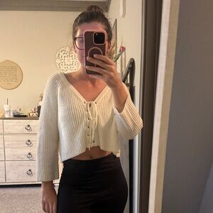 Women's White Sweater Lace-Up Crop Top
